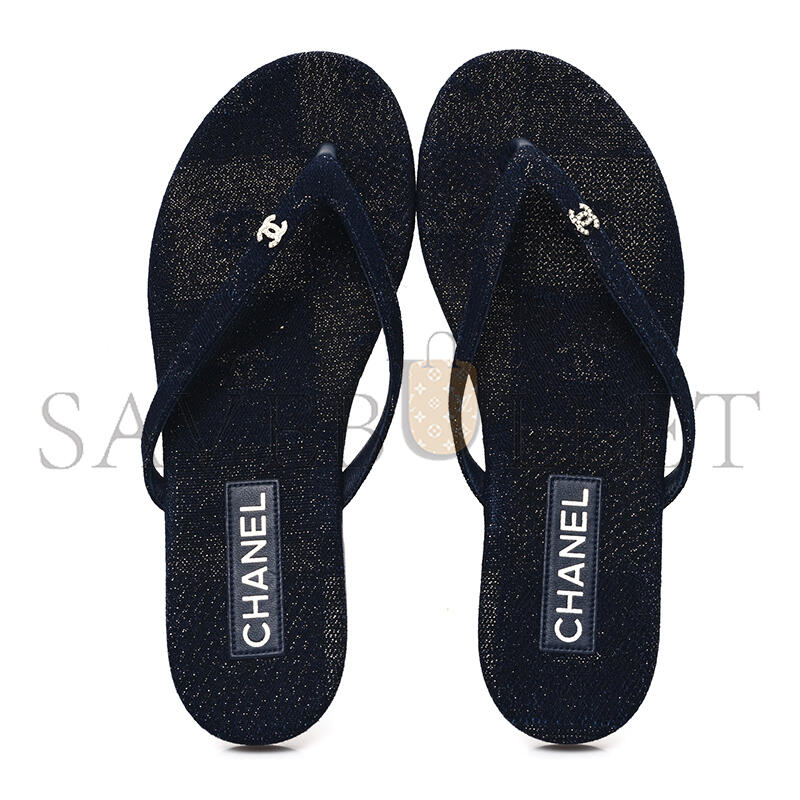 Ch*el cotton silk crystal cc thong sandals dark blue silver 362268